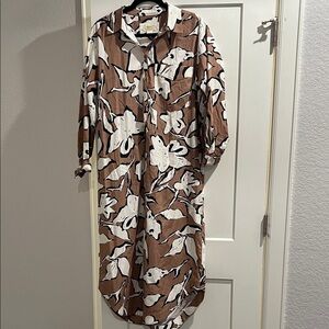 Maeve Brown and White Floral Button-Front Long Sleeve Dress